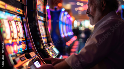 A person playing a slot machine in a casino