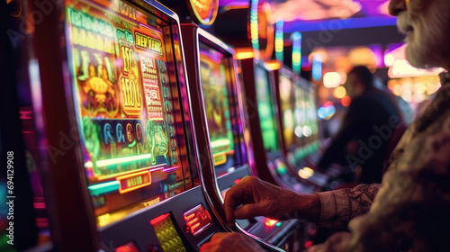 A person playing a slot machine in a casino