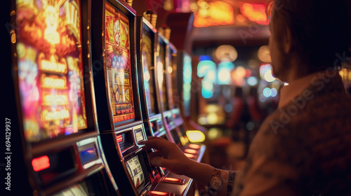 A person playing a slot machine in a casino