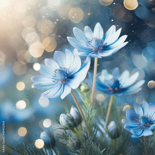 floral romantic abstract background, beautiful blue flowers with bokeh light