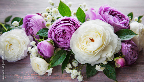 floral romantic abstract background with white and purple peony roses © Adam