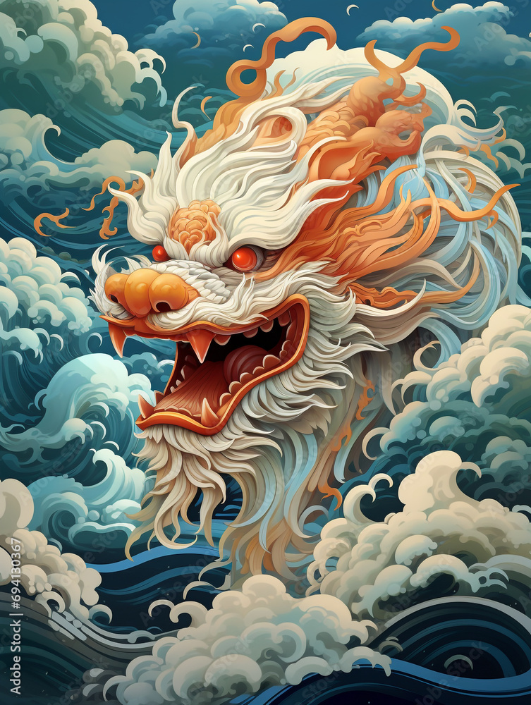 Chinese traditional dragons in the style of detailed and layered compositions. Flying through the clouds.