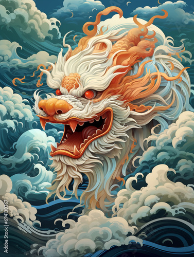 Chinese traditional dragons in the style of detailed and layered compositions. Flying through the clouds.