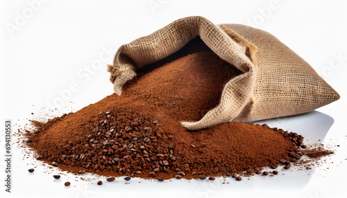 Granulated coffee powder in sack bag isolated on white background. © Adam