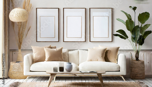 Three empty vertical picture frames in a modern living room with white sofa and beige pillows. Japandi interior. Wall art mockup. photo