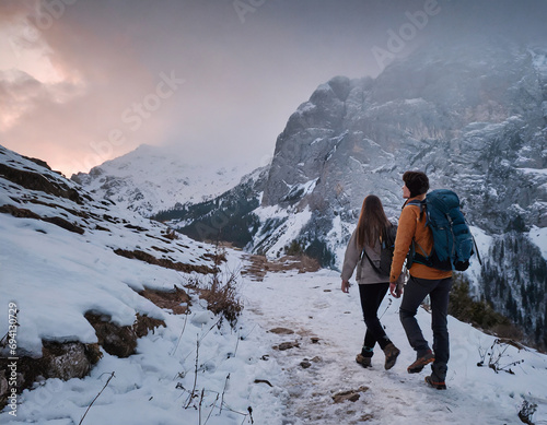 Two mountaineers on the snowy moutains in the evening, walks in Dangorous path © Adam