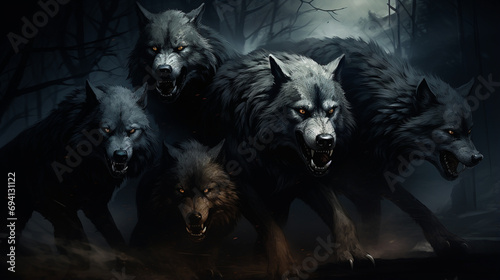 a pack of wolves on a dark night. Scary eyes staring and lurking from dark. generative ai