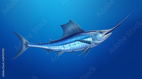 A scenic view of a swordfish on a blue background. generative ai