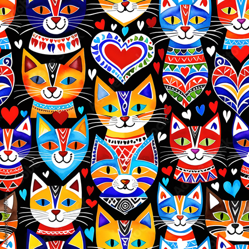 Bright ethnic cat masks on a black background. Seamless background for interior design  paper wrapping  invitation and greeting cards.