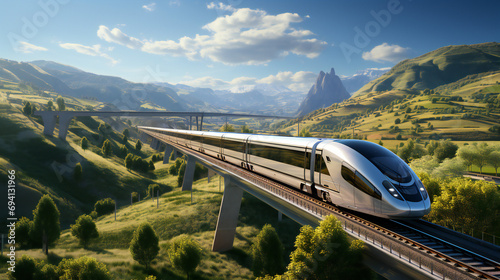 Futuristic High Speed Passenger Train on a Viaduct in the Green Valley