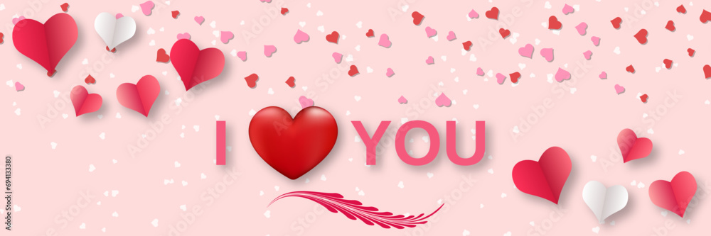 Valentine's Day elegant vector illustration. Pink background with hearts and lettering
