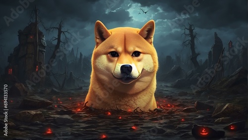 TESTA DI DOGECOIN VERSIONE HORROR , CON SFONDO TENEBRE 