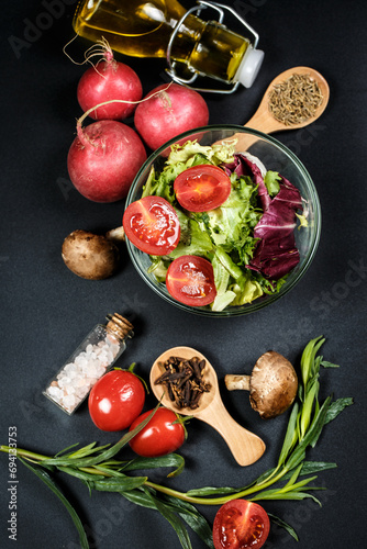 Vegetarian salad with various vegetables and spices, cabbage salad