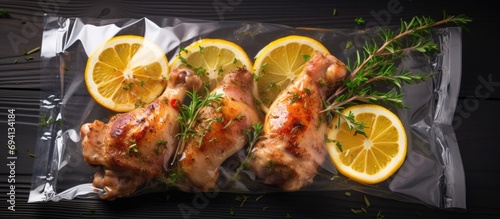 Marinate chicken drumsticks with citrus fruits for home meal prep, using a sealed bag. Plan ahead. photo