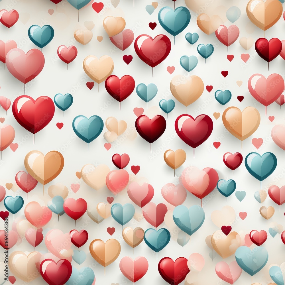 Valentines Pattern - Bright Heart with Assorted Blue and Pink Hearts on Pastel Background, square
