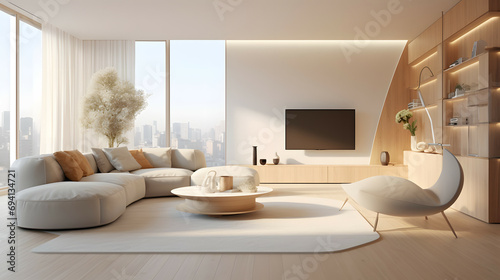 Modern scandinavian living room with curved beige sofas and and bookshelves