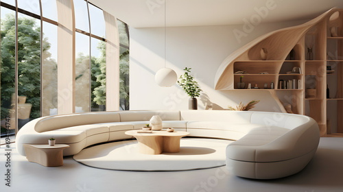 Modern minimalist living room with curved oblong beige sofas