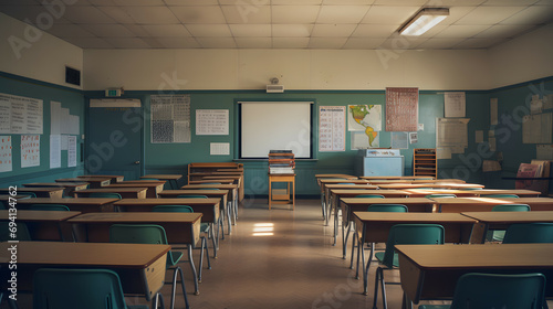 Empty classroom and empty chairs, nobody