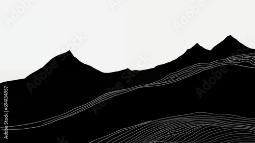 A minimalist black silhouette of a mountain range against a white background, with delicate ink lines suggesting topographical contours and a solitary river, tranquil landscape. High quality © Infusorian