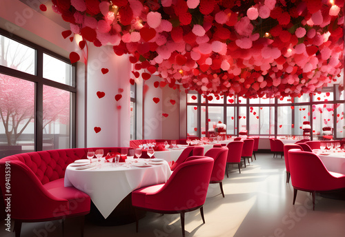 interior of a restaurant with chairs on valentine day