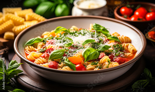 Delicious Pasta Fagioli Soup in White Bowl with Fresh Herbs