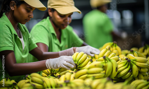 Food Distribution Workers Sorting and Checking Bananas