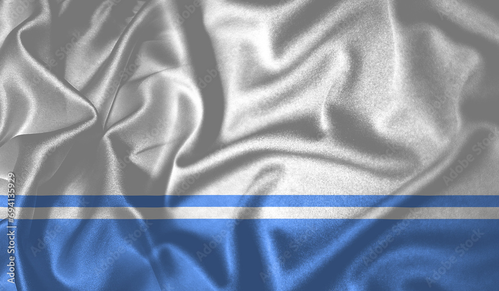 Altai Republic flag waving fluttering in the wind with realistic texture fabric silk satin background