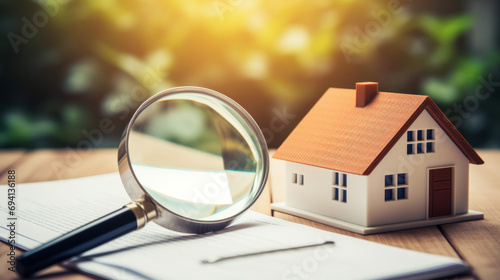 House model and magnifying glass with a checklist for home inspection