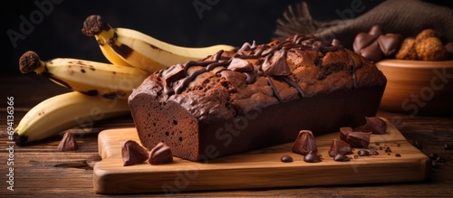 Chocolate banana bread on a wooden board, viewed from below. photo