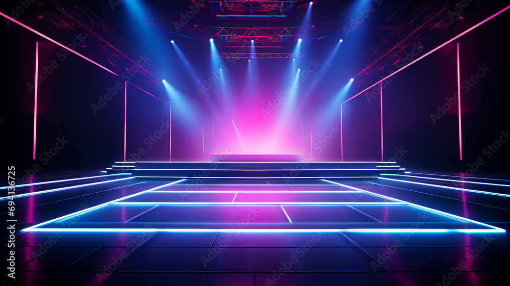 Led concert stage, spotlight illuminated the empty stage, lightning design, electric, screen, colourful effect wallpaper fachion futuristic event organization. banner, copy space, background - obrazy, fototapety, plakaty 