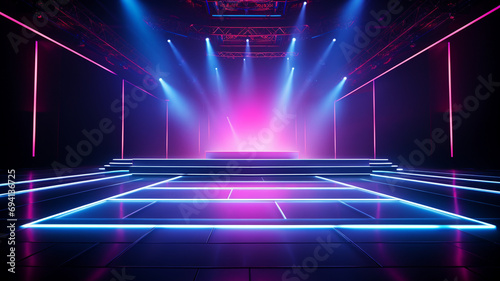Led concert stage, spotlight illuminated the empty stage, lightning design, electric, screen, colourful effect wallpaper fachion futuristic event organization. banner, copy space, background