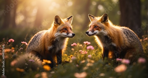 Amidst a carpet of wildflowers, a gentle fox and a contemplative badger discuss their dreams in the soft glow of twilight Generative AI © Online Jack Oliver