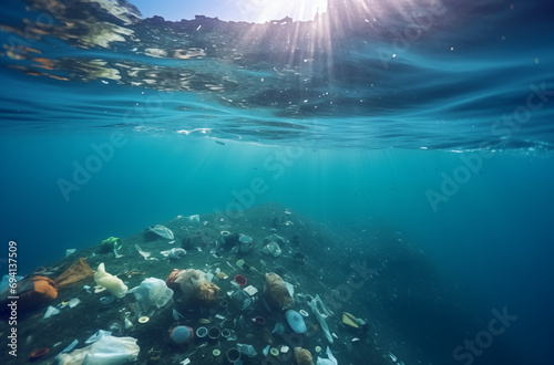Underwater view of pollution with plastic debris floating © danr13