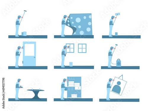 An illustration featuring service workers including a door service handyman, cleaning service, decorator, customer service representative, and a laundry service provider.
