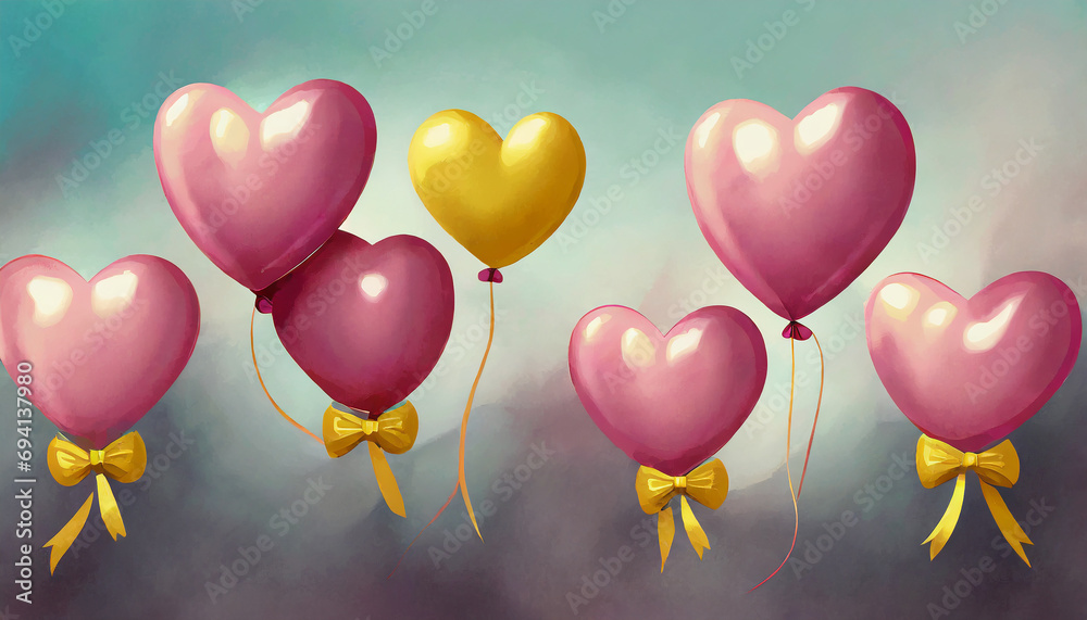 Group of pink heart balloons with yellow bowtie. 3d icon element illustration.