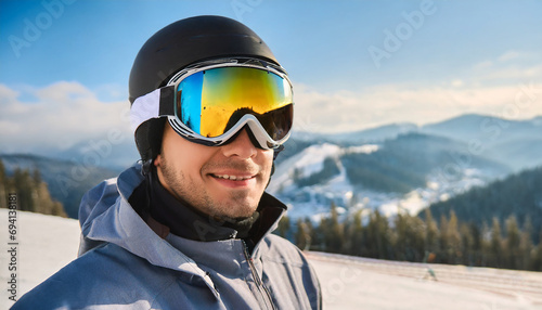 Portrait of a skier in the ski resort on the background of mountains and blue sky, Bukovel. Ski goggles of a man wearing ski glasses. Winter Sports