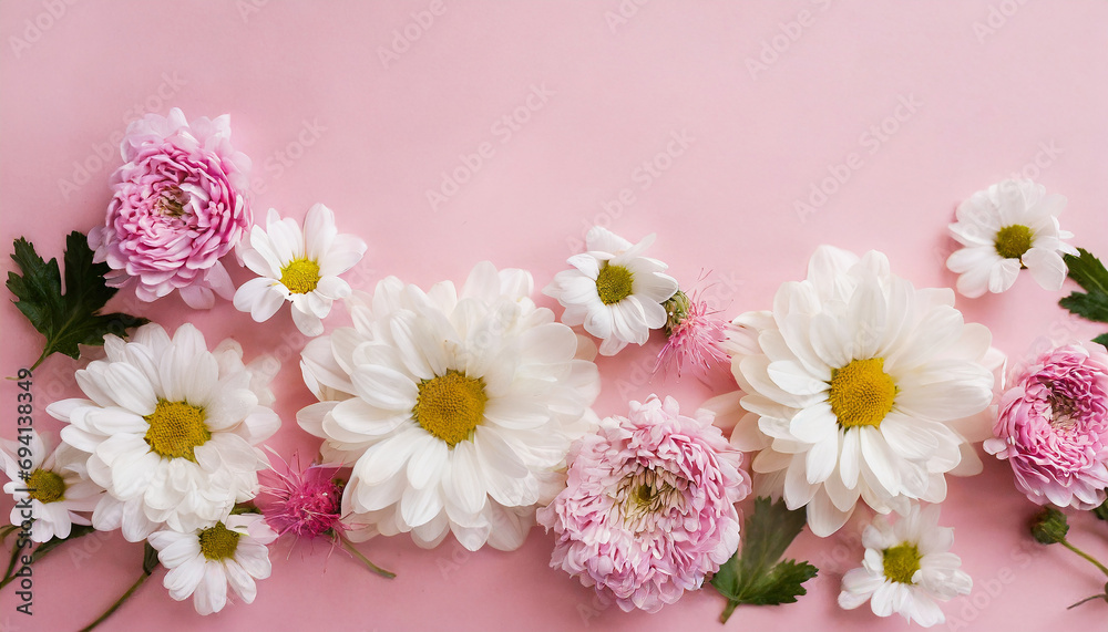 Several white and pink flowers - daisies, chrysanthemums, cherry blossom, on a seamless pastel pink background. Top view. Flat lay. Copy space for text