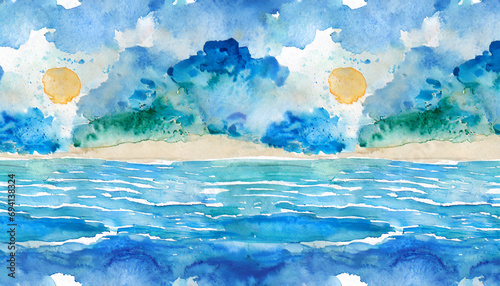 Seamless background with watercolor hand drawn paints; artistic sea landscape