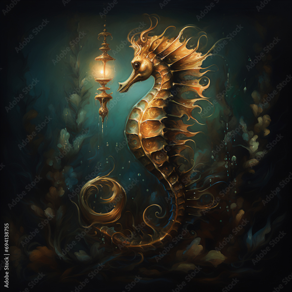 Enchanting Seahorse Illustration in Oil Painting Style, Echoes of Dutch Golden Age, Deep Hues