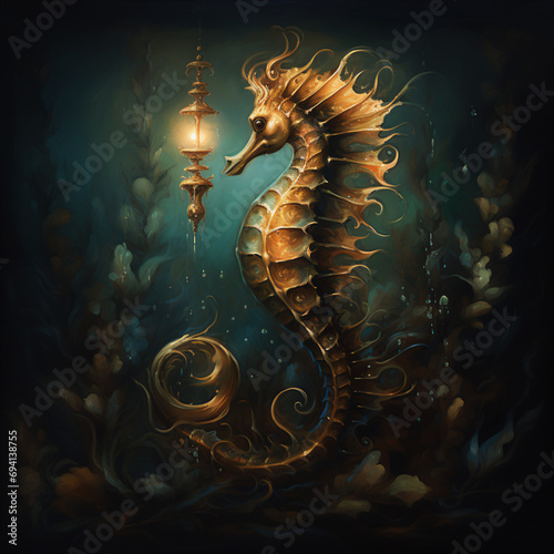 Enchanting Seahorse Illustration in Oil Painting Style, Echoes of Dutch Golden Age, Deep Hues © HustlePlayground