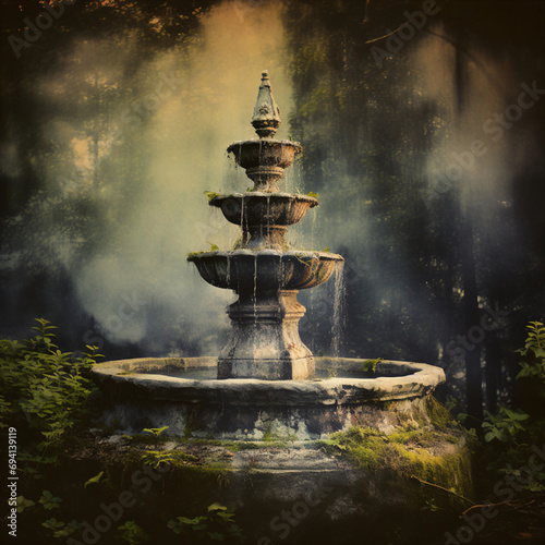 Ethereal 19th Century Hand-Painted Ambrotype Photography of a Fountain: Rich Colors & Textures photo