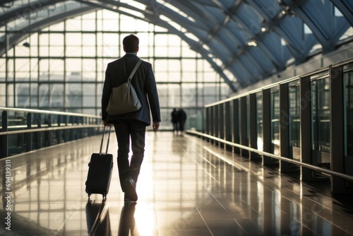 Traveler walking through airport terminal with backpack. Backpacker walking