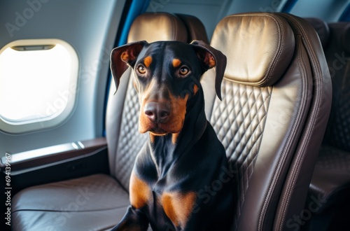 A Doberman dog sitting in an airplane cabin looking at the camera photo