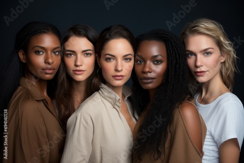 Beautiful women with various skin tones, group of people from different ethnic backgrounds, diversity of human skintones, unique skin tone shades, authenticity and inclusivity concept photo