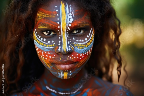 Portrait showcasing the rich heritage of Australian Aboriginal indigenous culture. Woman adorned with traditional patterns standing in wooded area with trees and foliage in background photo