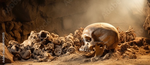 Excavation of Neanderthal bones and human skull during ancient hominid archaeology photo