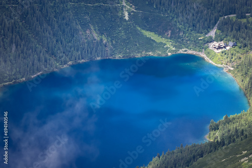 Mountain lake Morskie Oko in the Polish Tatras in summer, view from the top called Rysy.