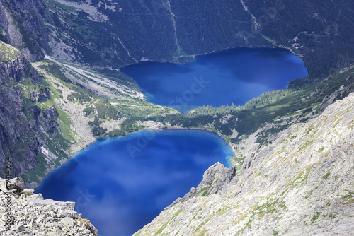 Mountain lakes Morskie Oko and Czarny Staw in the Polish Tatras in summer, view from the top called Rysy.