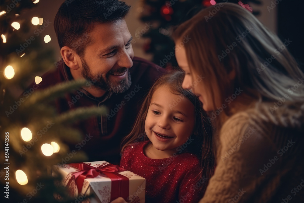 The joyful family with children stands in front of the Christmas tree, opening presents. The joyful family with children stands in front of the Christmas tree, opening presents.