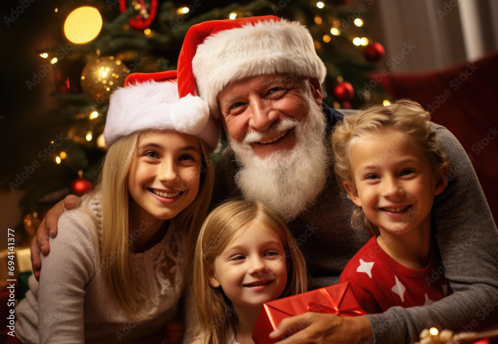In December, the Christmas tree brings joy to the grandfather and children In December, the Christmas tree brings joy to the grandfather and children